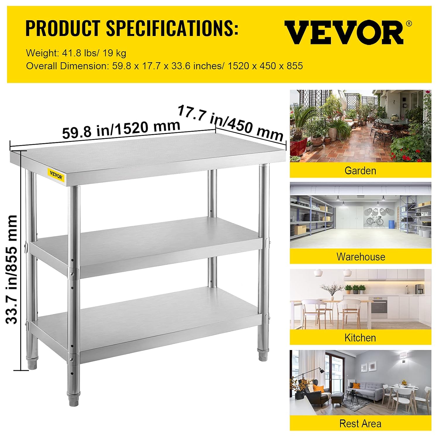 Stainless Steel Commercial Prep Table, 60x14x33 in, 2 Adjustable Undershelf N578292