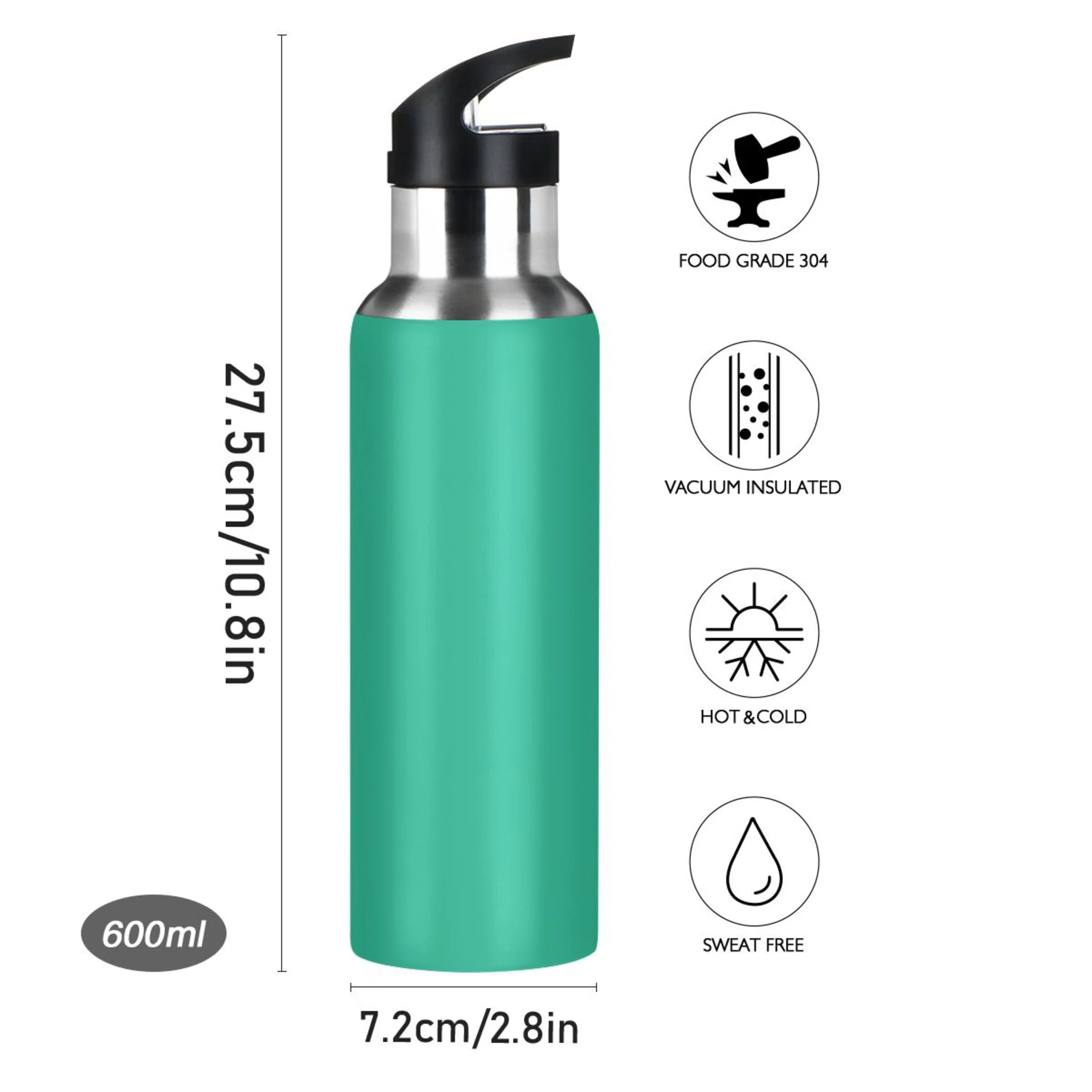 Green Solid 20 OZ Stainless Steel Vacuum Insulated Water Bottle with Straw Lid J496967