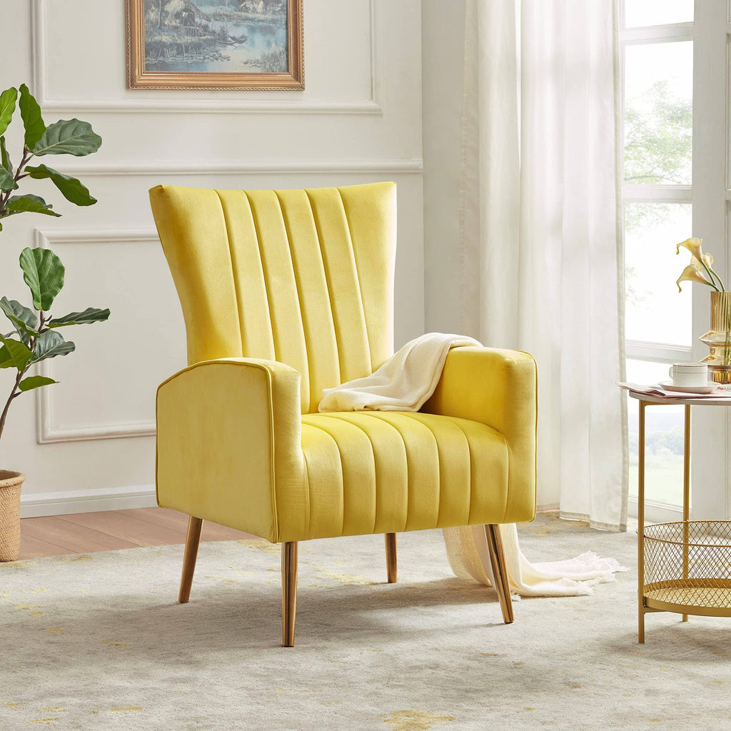 Yellow Velvet Wingback Arm Chair with Metal Legs T4068