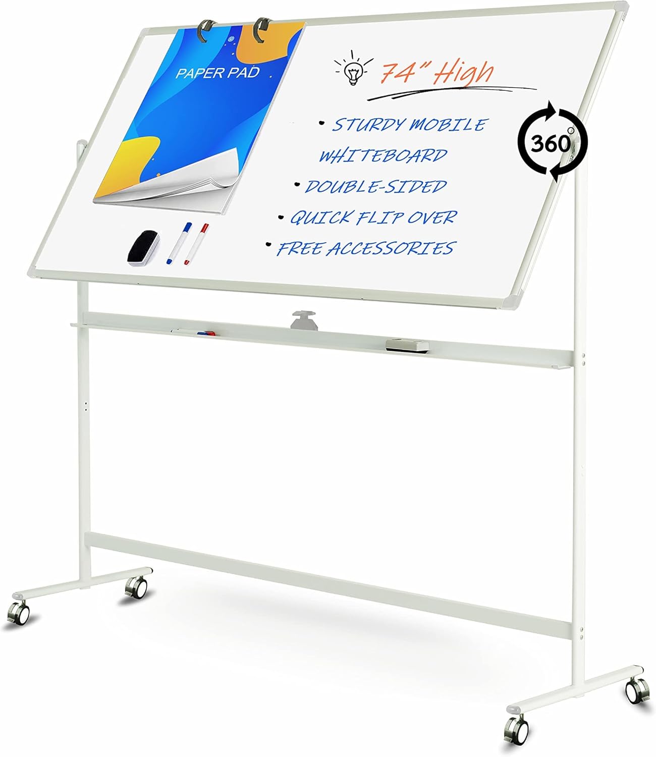Mobile White Board Double Sided 48 x 32 Inches Adjustable Height Rolling Black Stand I562709