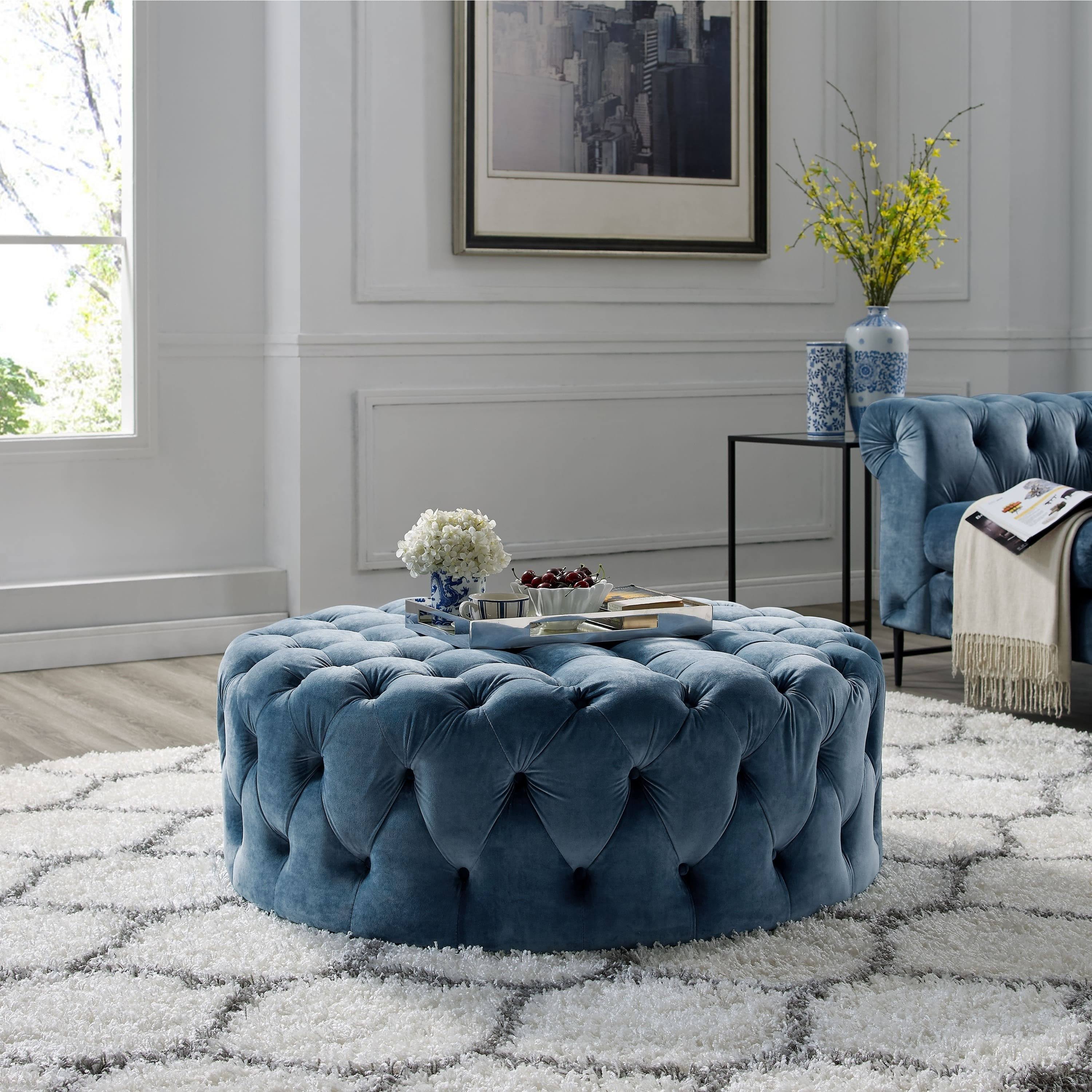 Tufted Velvet Round Ottoman with Casters U473119