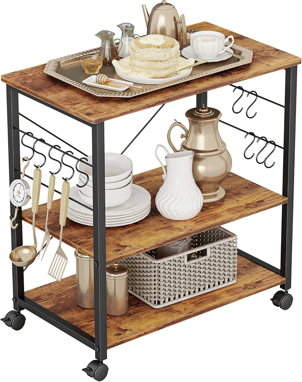 Black 3 Tier Metal Kitchen Cart with Wheels L128