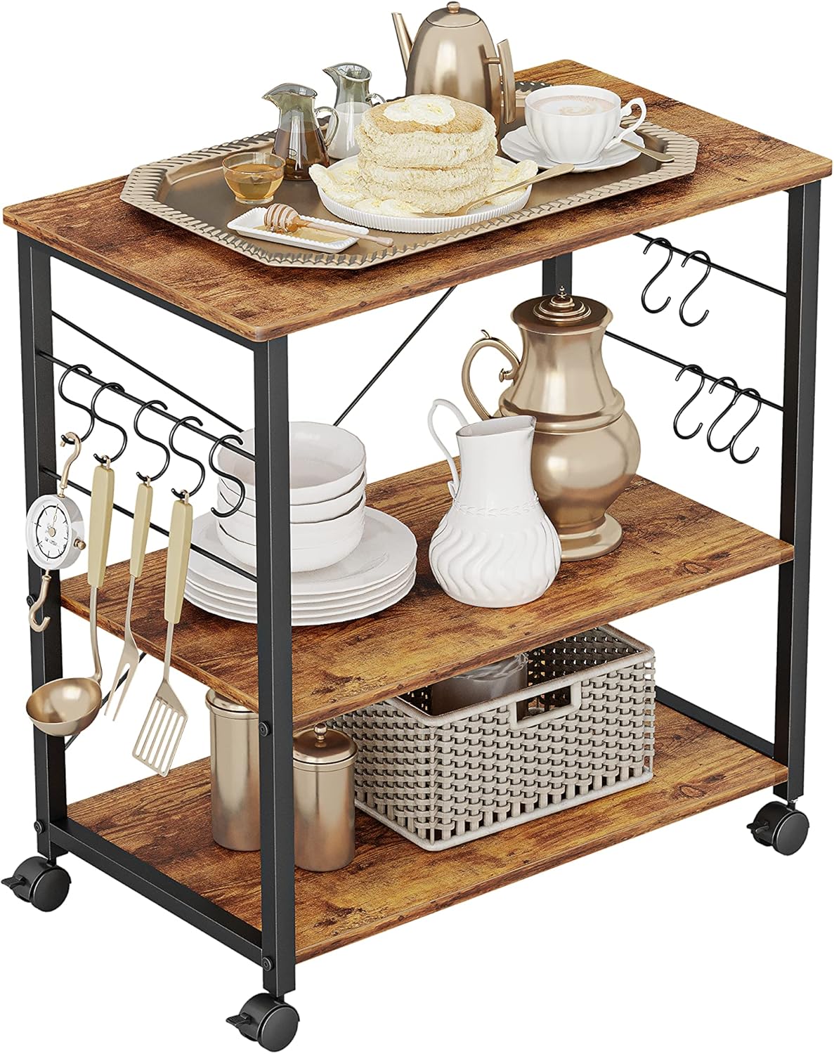 Black 3 Tier Metal Kitchen Cart with Wheels L128