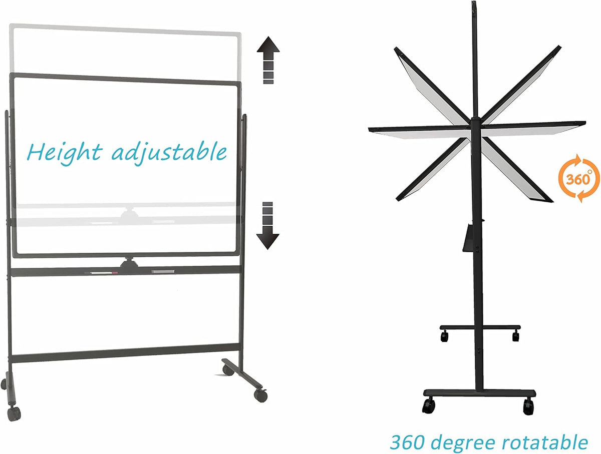Mobile White Board Double Sided 48 x 32 Inches Adjustable Height Rolling Black Stand I562709