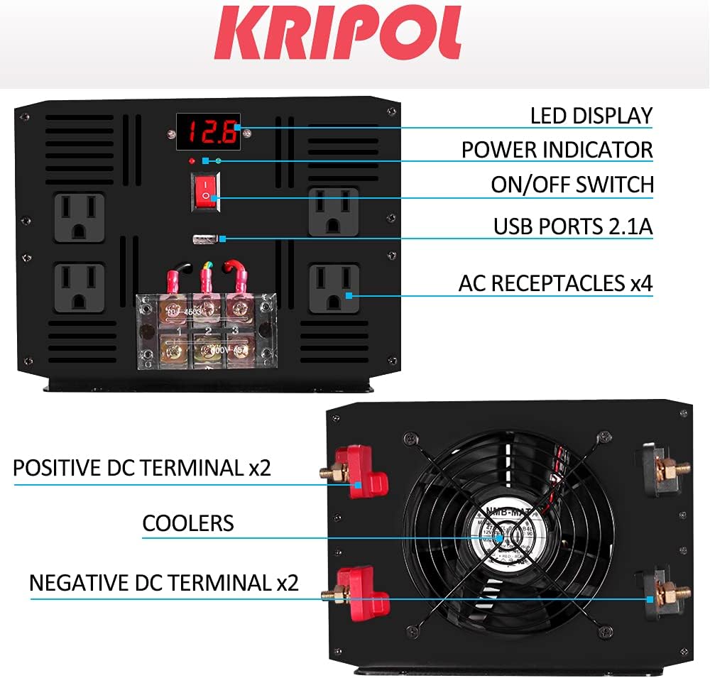 3000 Watt Pure Sine Wave Power Inverter 12V DC to 110V AC with 4 AC Outlets V687762