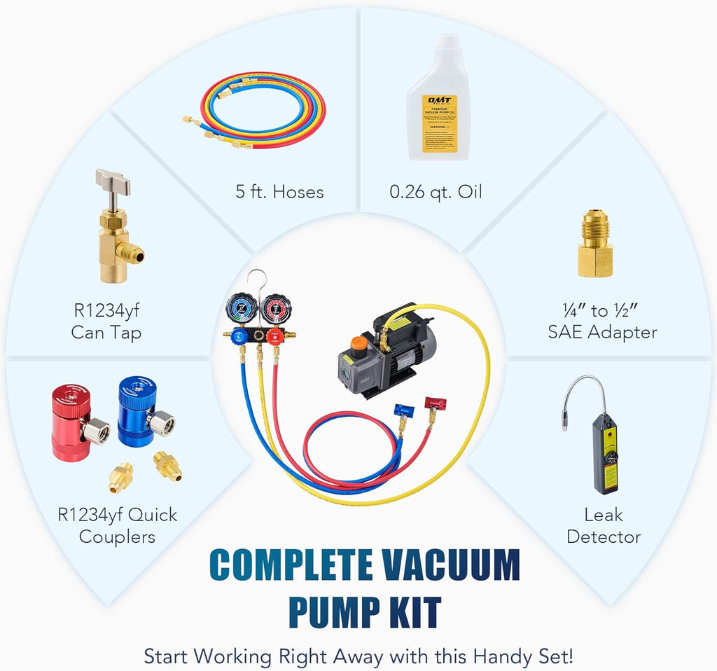 AC Gauges and Vacuum Pump with Leak Detector 5FT Hoses Quick Couplers, 4 cfm Vacuum Pump and Manifold Gauge Set R653