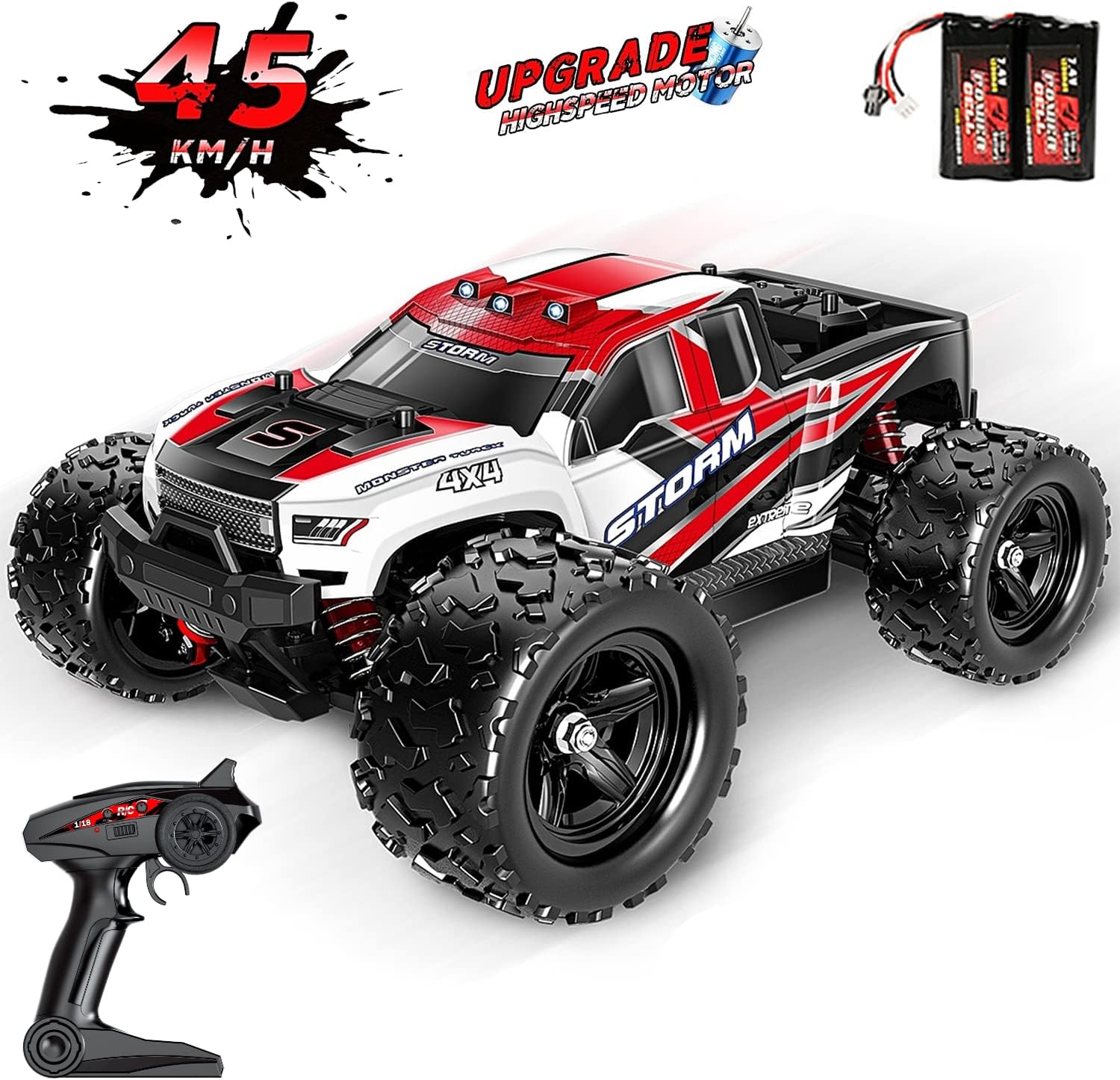 Remote Control Car 1:18 Scale 45Km/h 4WD RC Car with Two Rechargeable Batteries W739