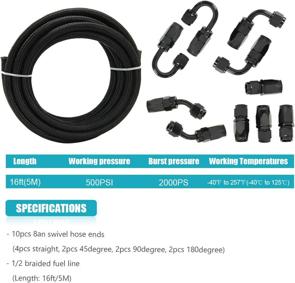 1/2" 8AN 16FT Nylon Stainless Steel Braided Fuel Line Kit C393970
