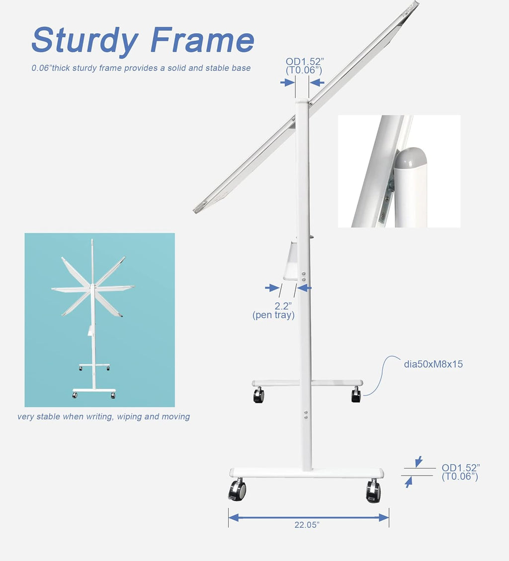 Mobile White Board Double Sided 48 x 32 Inches Adjustable Height Rolling Black Stand I562709