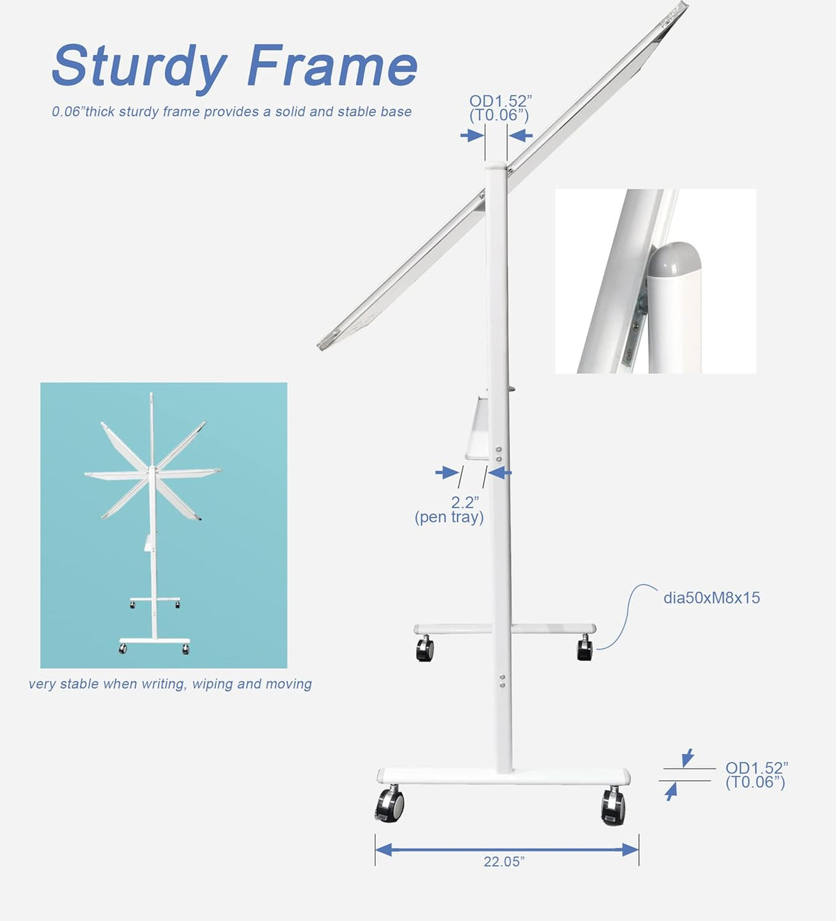 Mobile White Board Double Sided 48 x 32 Inches Adjustable Height Rolling Black Stand I562709