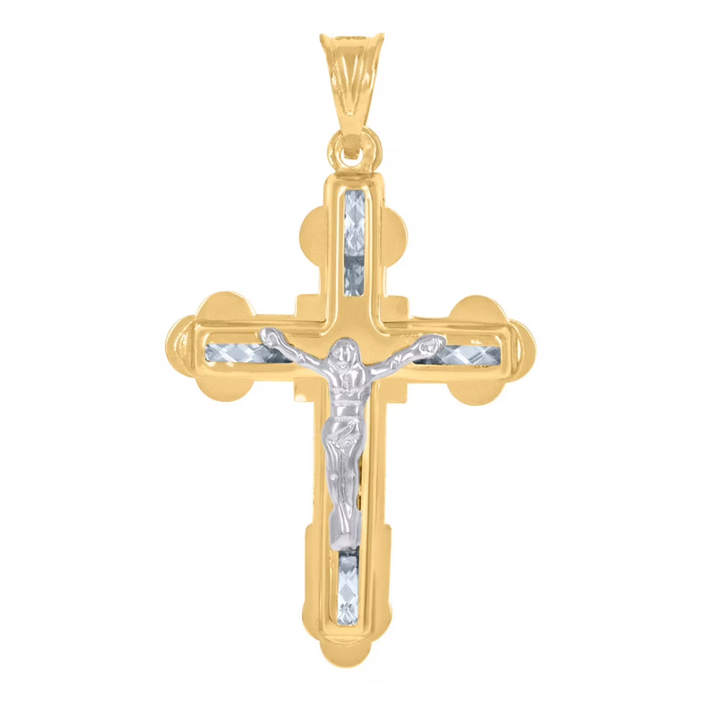 10k Two Tone Gold Mens CZ Cubic Zirconia Simulated Diamond Crucifix Cross Pendant Necklace Q743