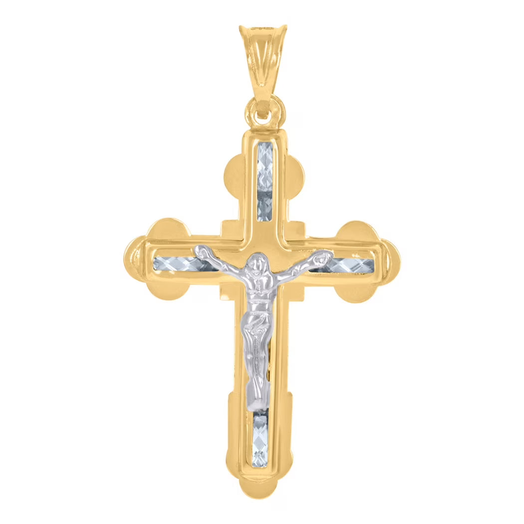 10k Two Tone Gold Mens CZ Cubic Zirconia Simulated Diamond Crucifix Cross Pendant Necklace Q743