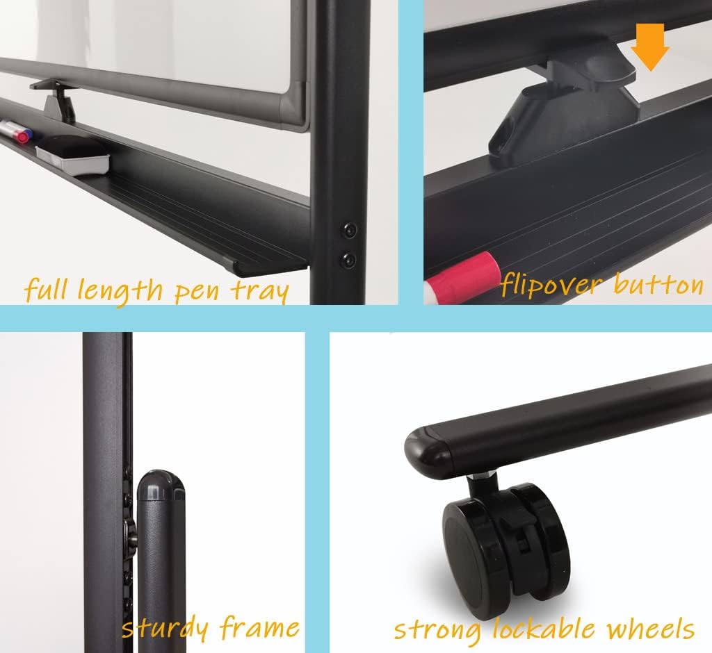 Mobile White Board Double Sided 48 x 32 Inches Adjustable Height Rolling Black Stand I562709