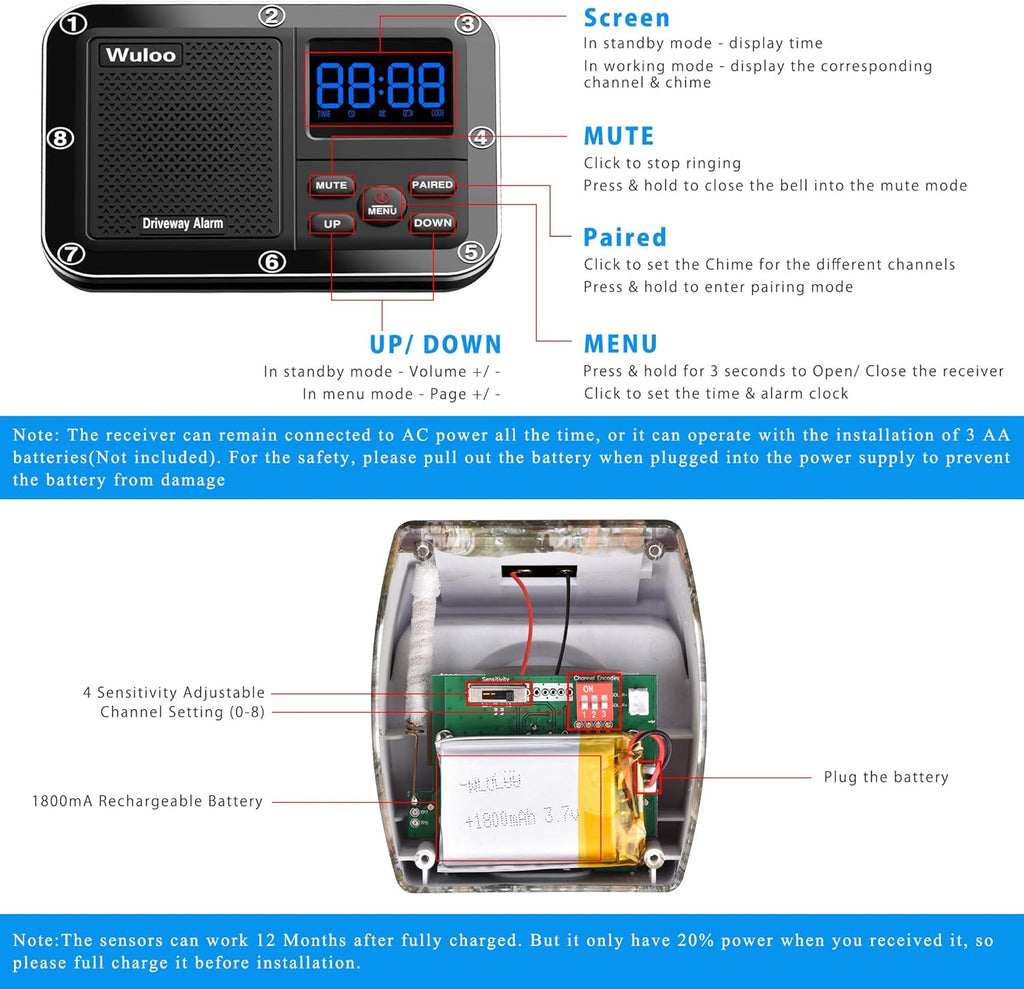 Solar Driveway Alarm Wireless Outdoor Motion Sensor Detector System with Rechargeable Battery Weatherproof Mute Mode W299008