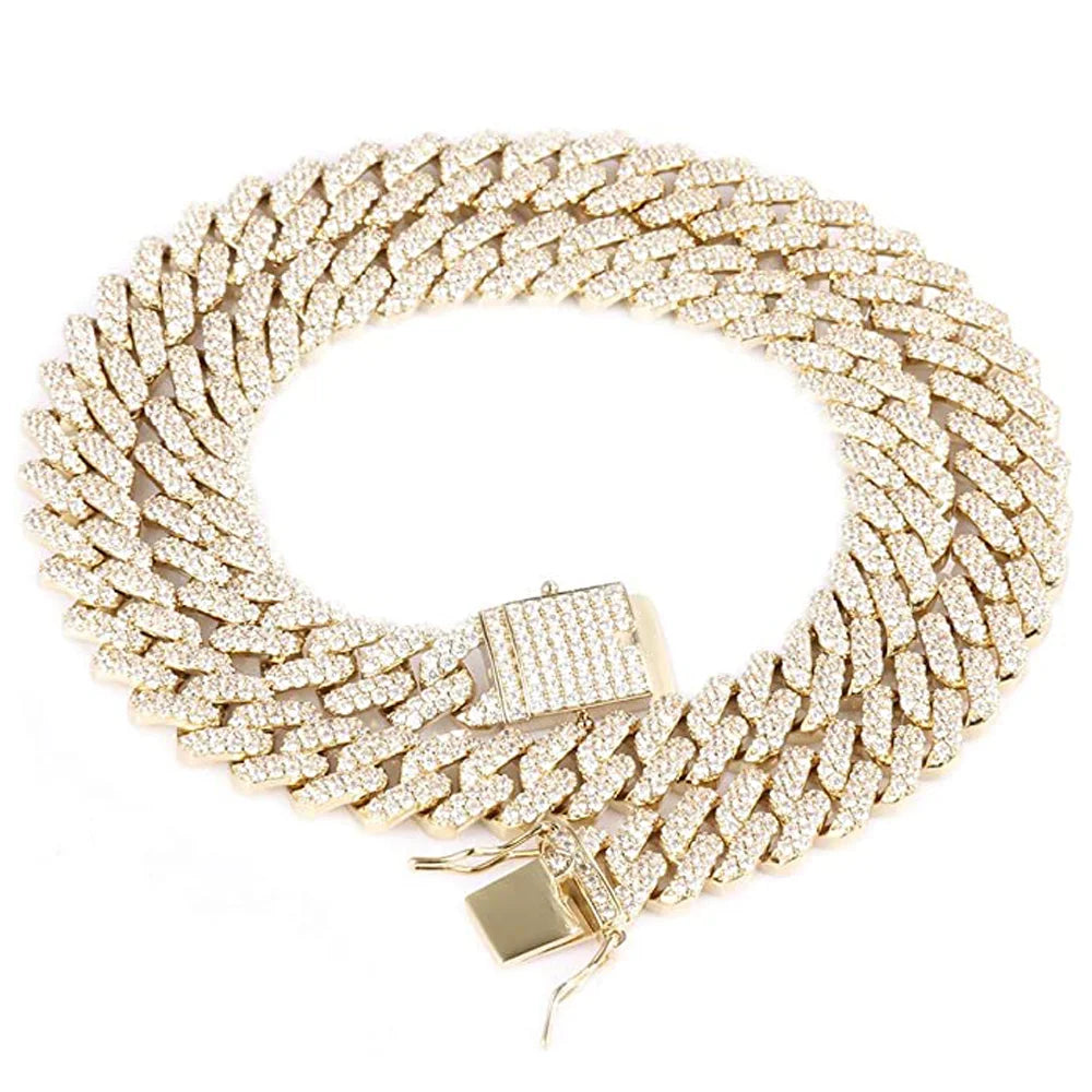 Iced Out Cuban Link Necklace and Bracelet Set, 15mm, Gold W425777