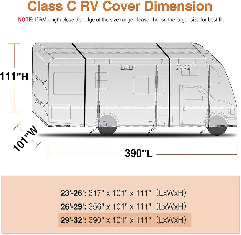 Windproof Waterproof Rip-Stop RV Cover for 29’-32’ Motorhome with Extra Long Straps & Gutter Covers H23266