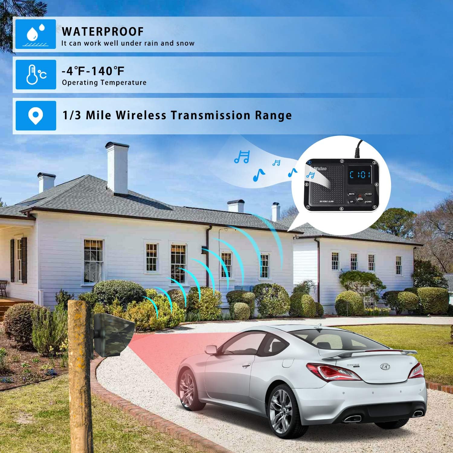Solar Driveway Alarm Wireless Outdoor Motion Sensor Detector System with Rechargeable Battery Weatherproof Mute Mode W299008