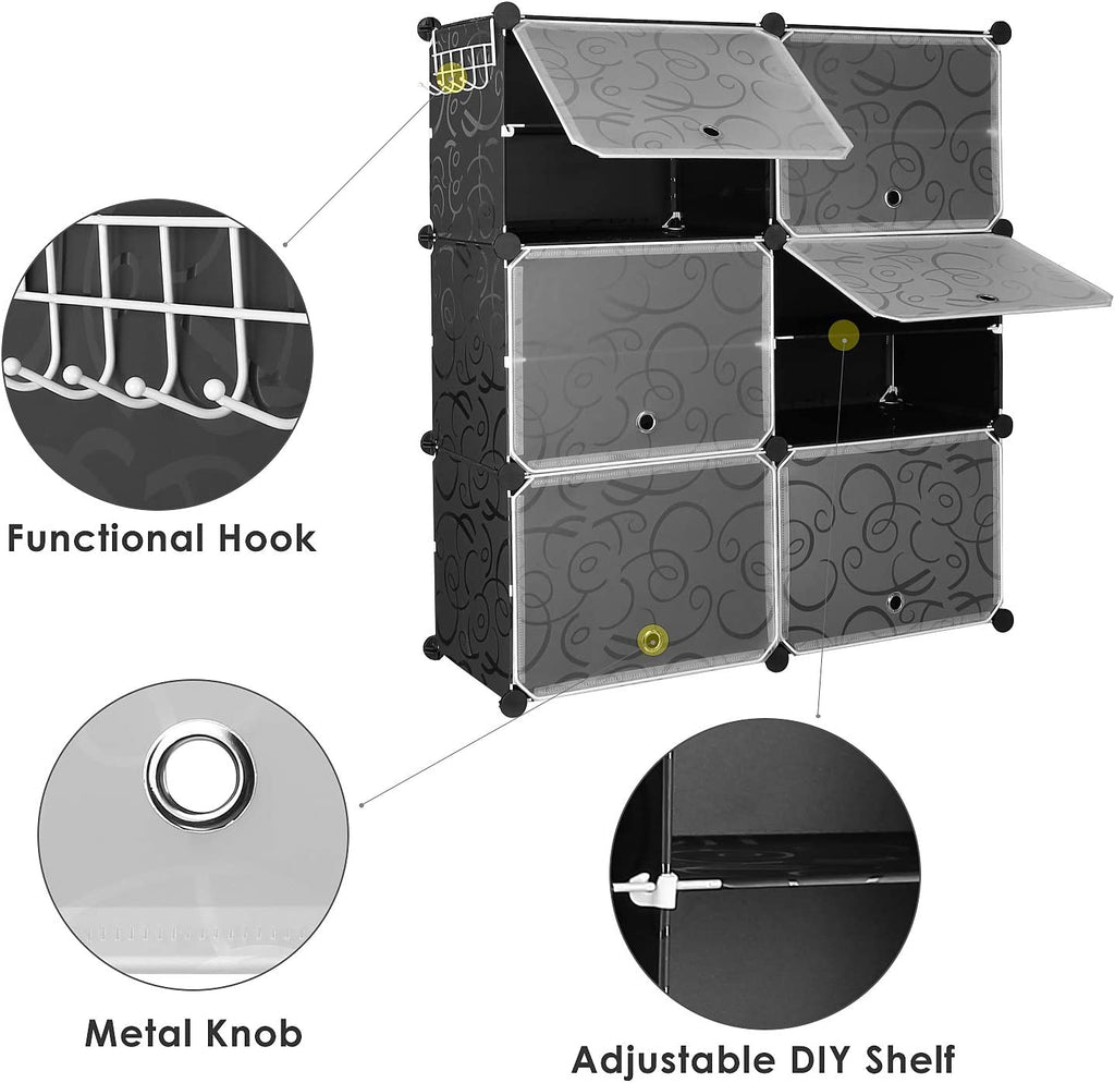 10 Cube Shoe Rack with Doors and Extra Hooks, Black and Clear K64099