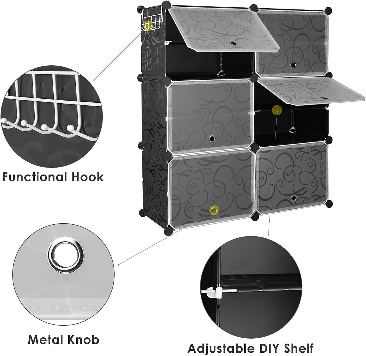 10 Cube Shoe Rack with Doors and Extra Hooks, Black and Clear K64099
