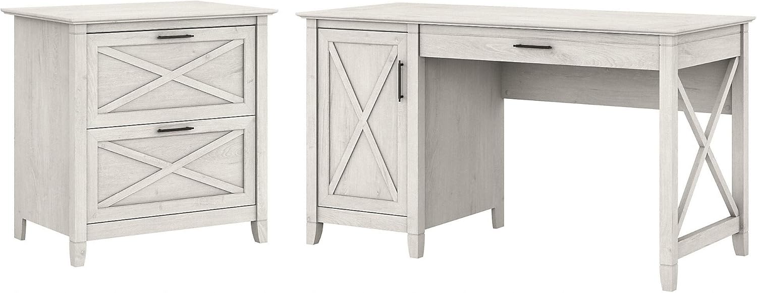 54W Linen White Oak Computer Desk with Storage and 2 Drawer Lateral File Cabinet L1371