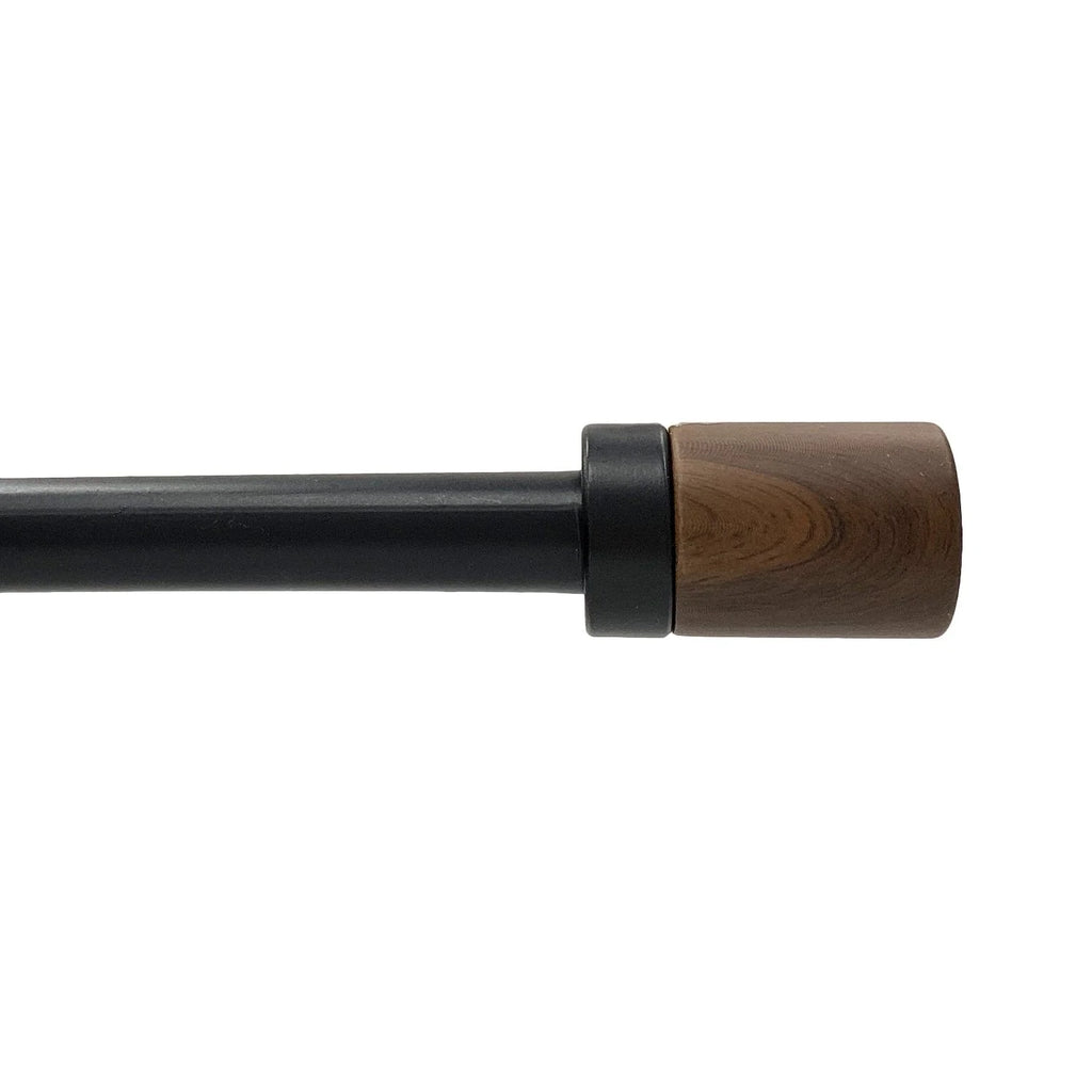 Matte Black Single Curtain Rod with Maple Wood Cylinder Finials 36"-66" P909177