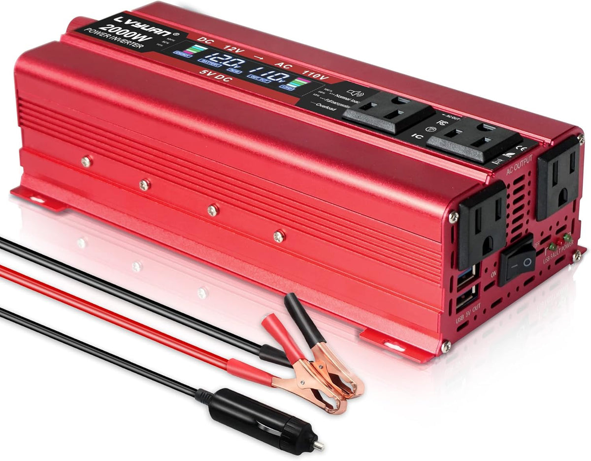 1000W/2000W Peak Car Power Inverter DC 12V to 110V AC Converter with LCD Display Dual AC Outlets Dual USB, Pack of 2 K5226