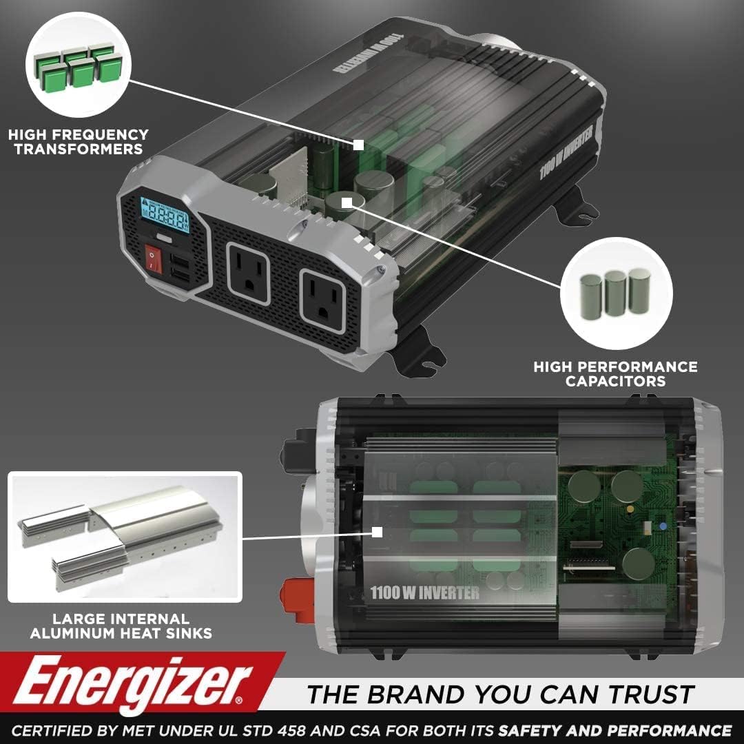1100 Watts Modified Sine Wave Car Inverter, 12V to 110 Volts, Two AC Outlets, Two USB Ports (2.4 Amp) N11660