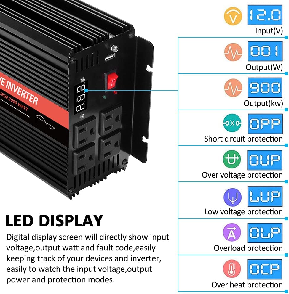3000 Watt Pure Sine Wave Power Inverter 12V DC to 110V AC with 4 AC Outlets V687762