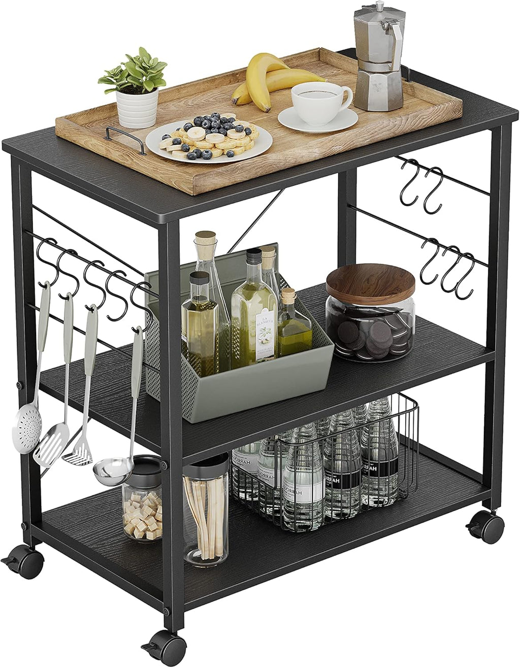 Black 3 Tier Metal Kitchen Cart with Wheels L128