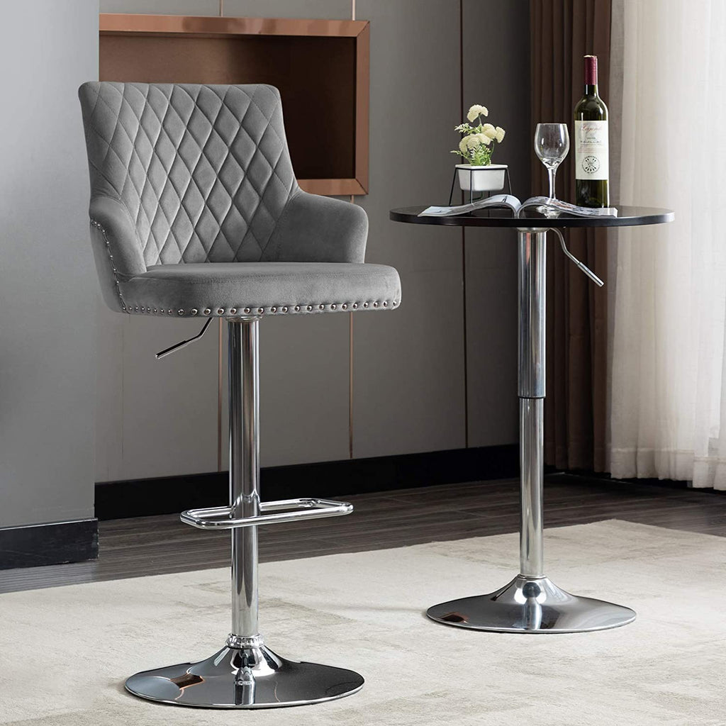 Gray Adjustable Swivel Velvet Bar Stool with Back Y4776