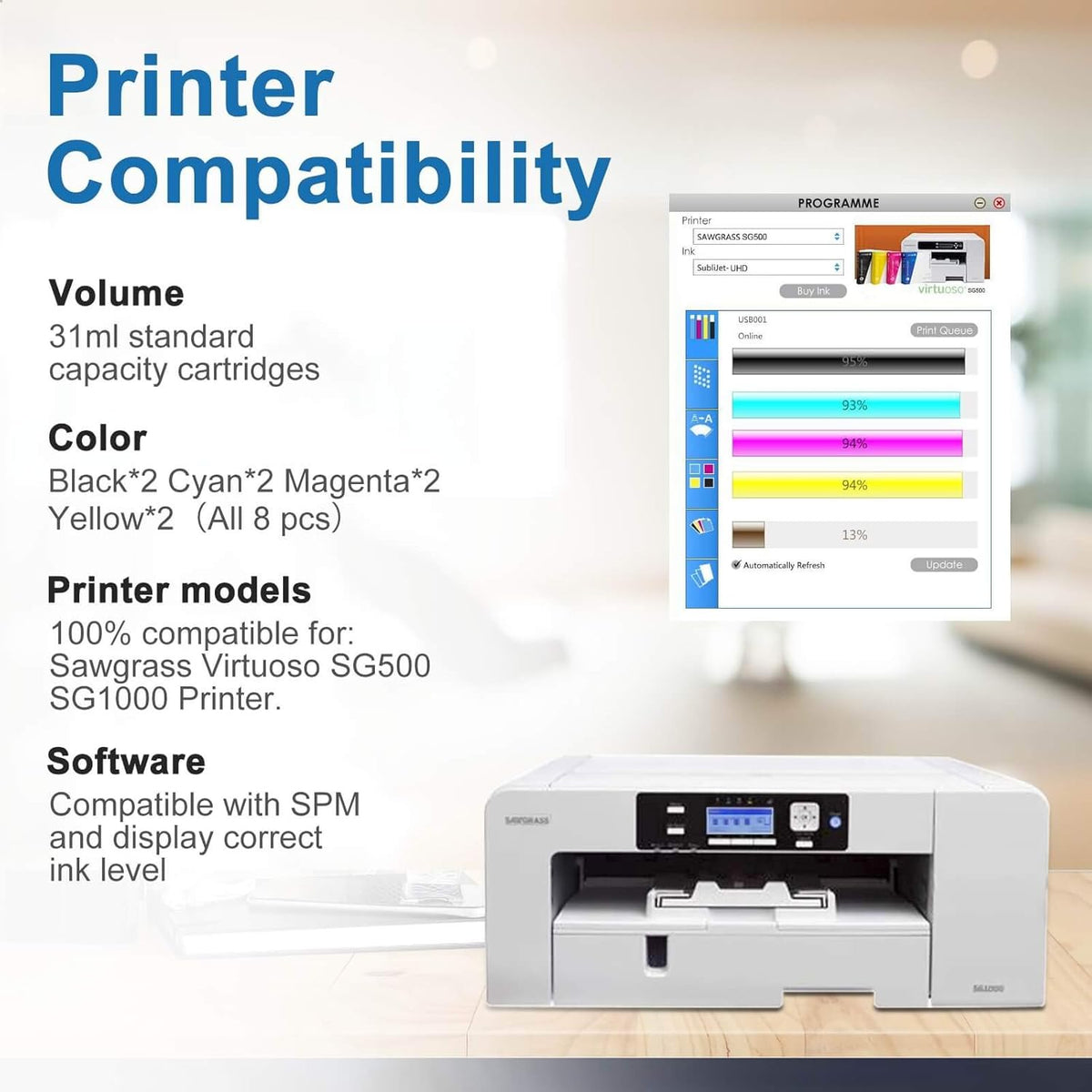 Sublimation Ink Cartridge 8-Pack for Sawgrass Virtuoso SG500 SG1000 Printer E544