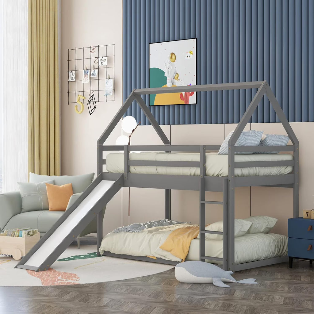 Grey Wood Bunk Bed with Slide and Ladder C9985