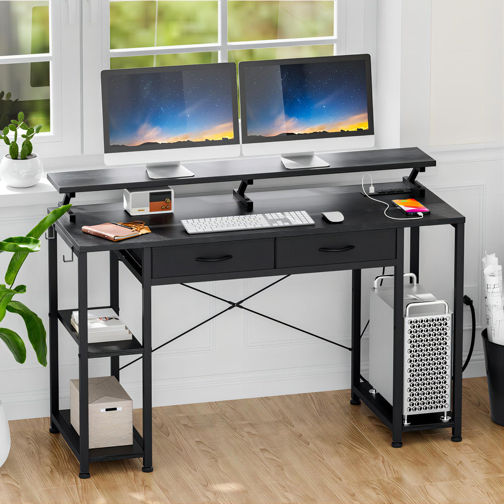 Black Computer Desk with Drawers and Bookshelf S9021