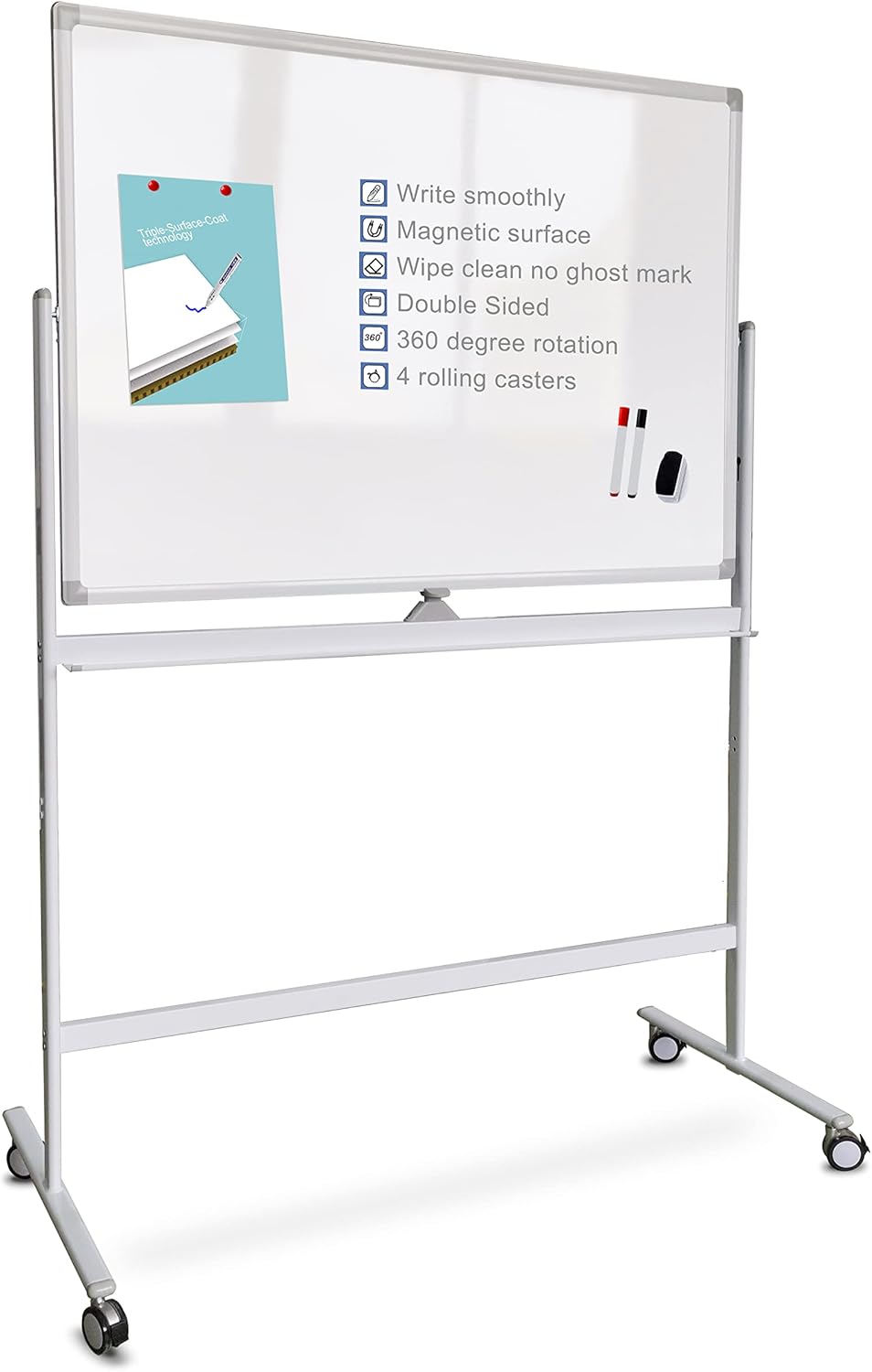 Mobile White Board Double Sided 48 x 32 Inches Adjustable Height Rolling Black Stand I562709