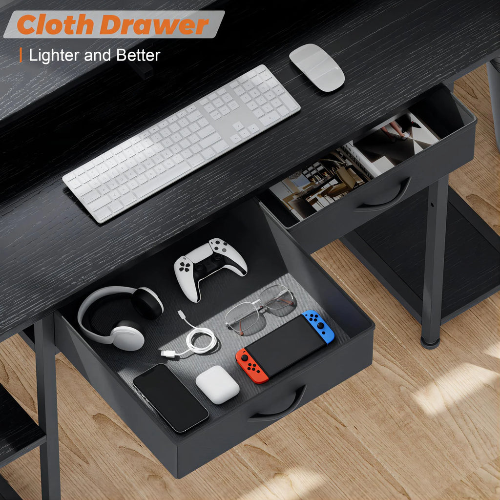 Black Computer Desk with Drawers and Bookshelf S9021