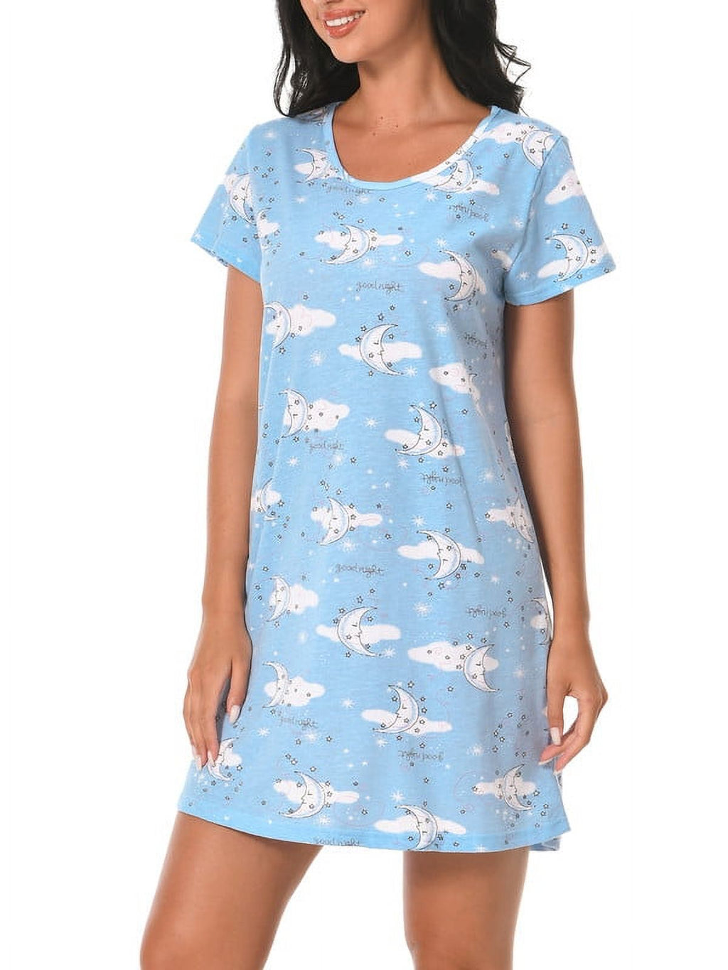 Cotton Short Sleeve Cartoon Printed Night Shirts (Blue Moon, M) B236697