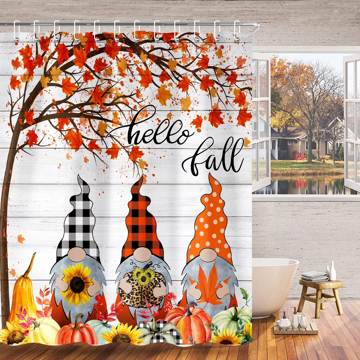 Fall Gnome with Pumpkin Shower Curtain, 72"x72"inch, Durable Fabric with 12 Hooks H10664