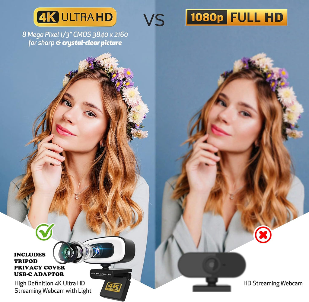 4K Webcam with Light Ultra HD 8MP Autofocus USB Web Cam with Microphone B768