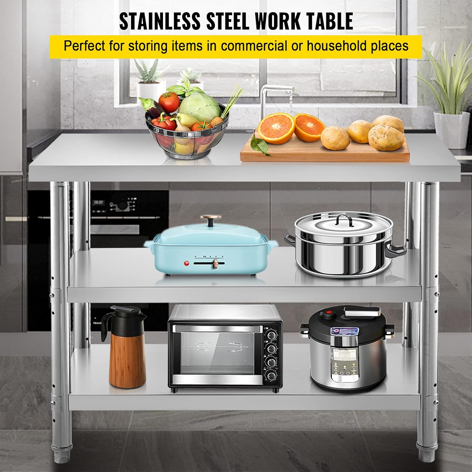 Stainless Steel Commercial Prep Table, 60x14x33 in, 2 Adjustable Undershelf N578292