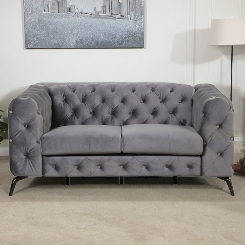 Gray Velvet Button Tufted Loveseat Sofa N4985