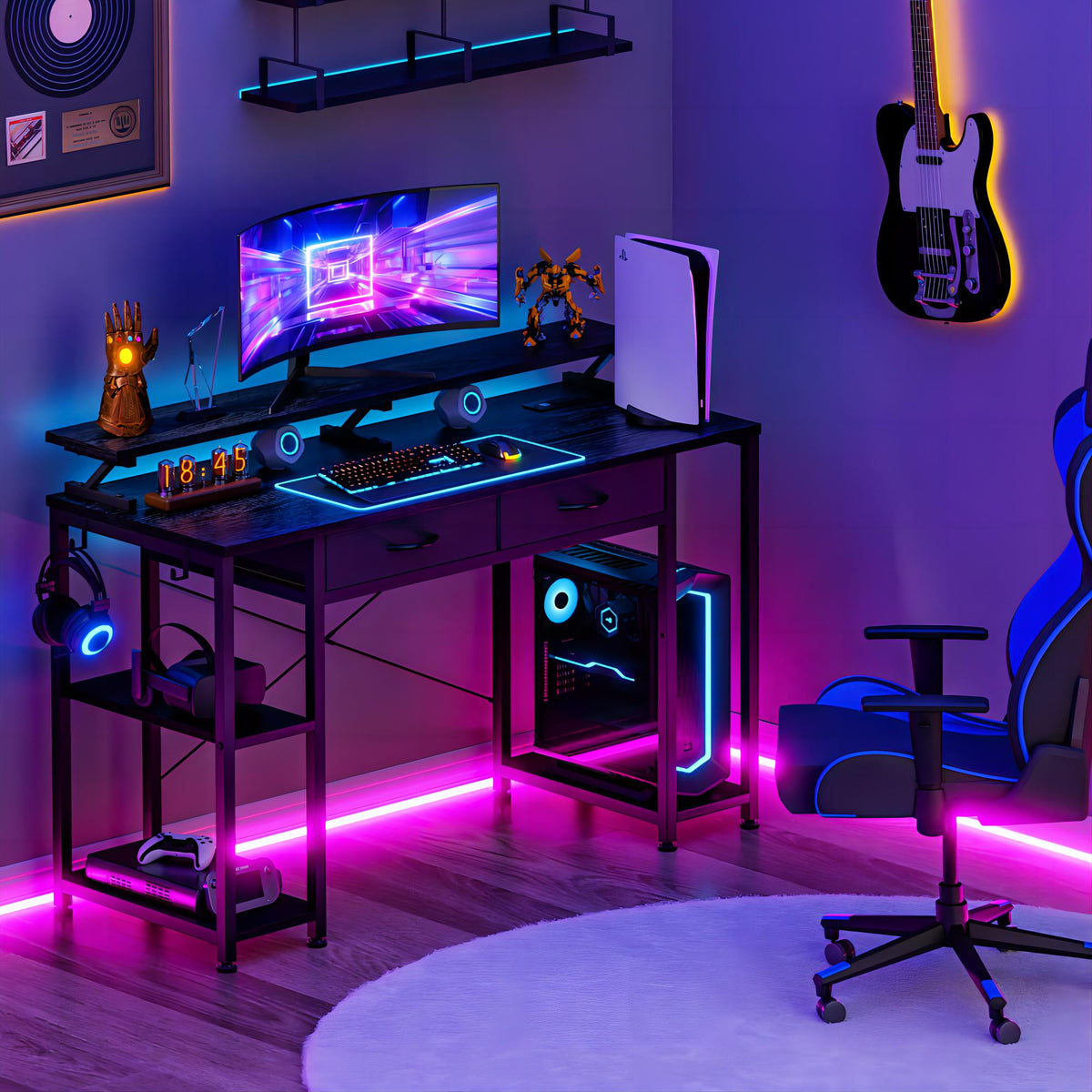 Black Computer Desk with Drawers and Bookshelf S9021
