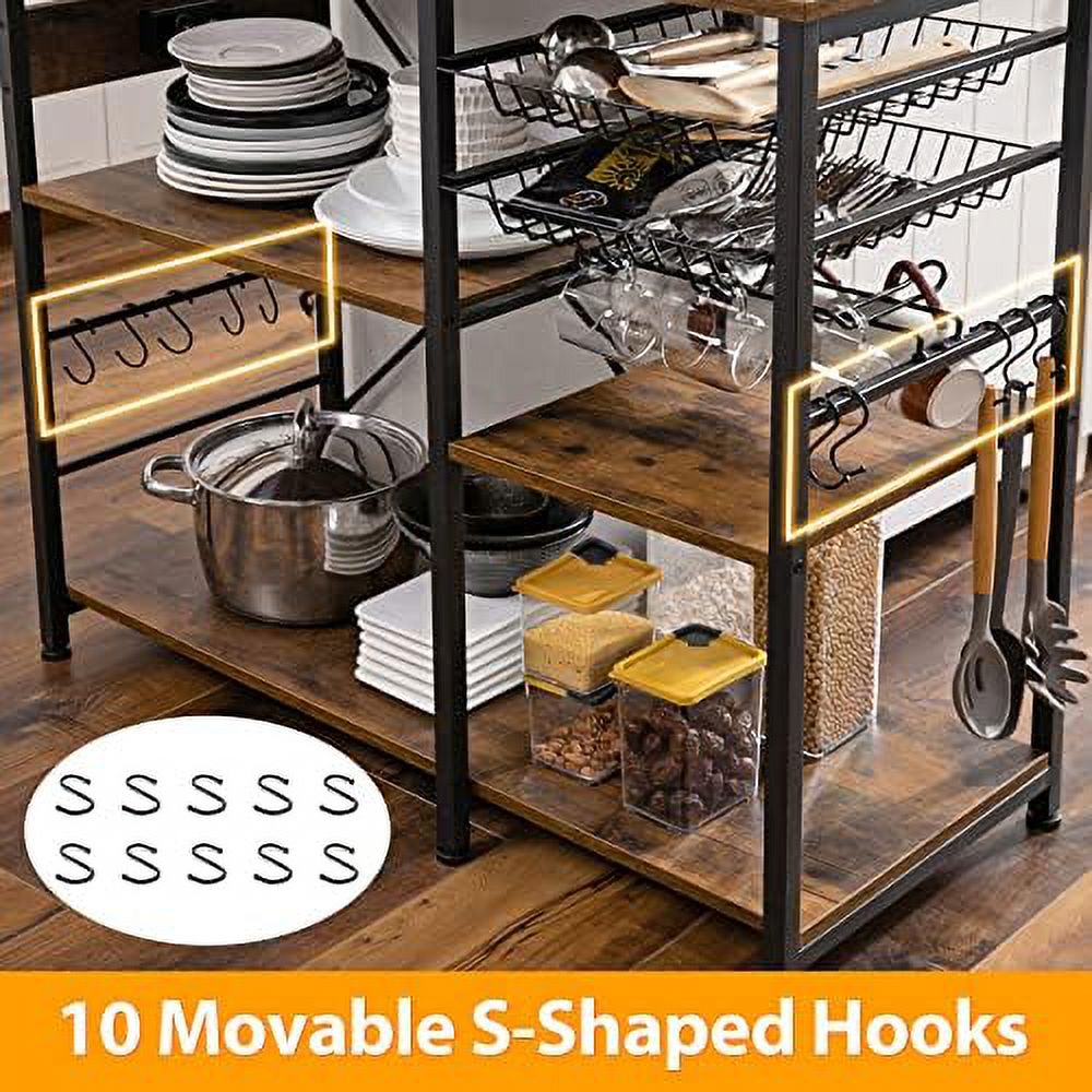 Rustic Brown Metal Frame Bakers Rack with Wire Basket X4412
