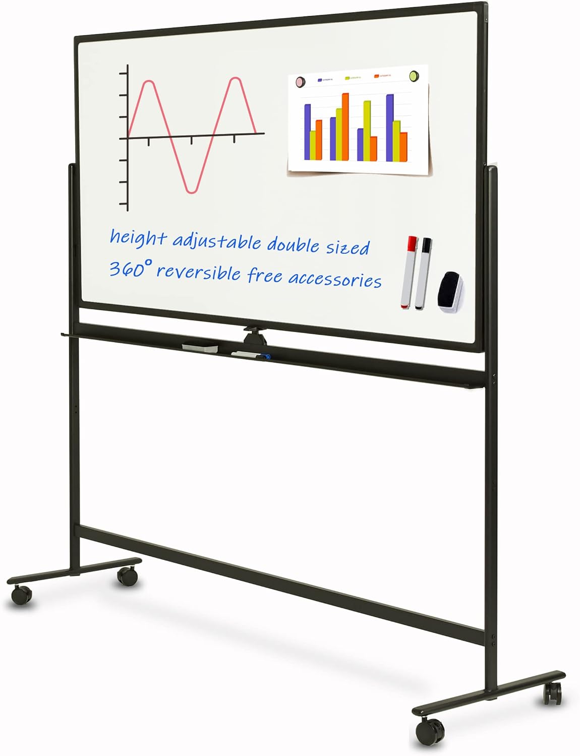 Mobile White Board Double Sided 48 x 32 Inches Adjustable Height Rolling Black Stand I562709