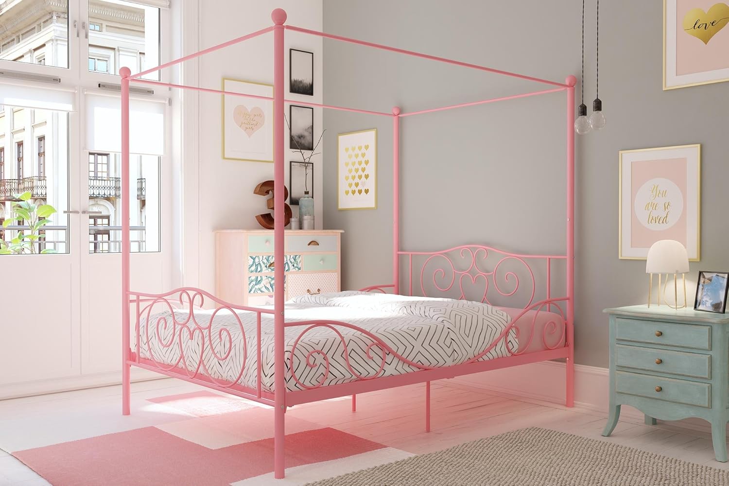 Twin Size Metal Canopy Bed with Bed Frame O9462