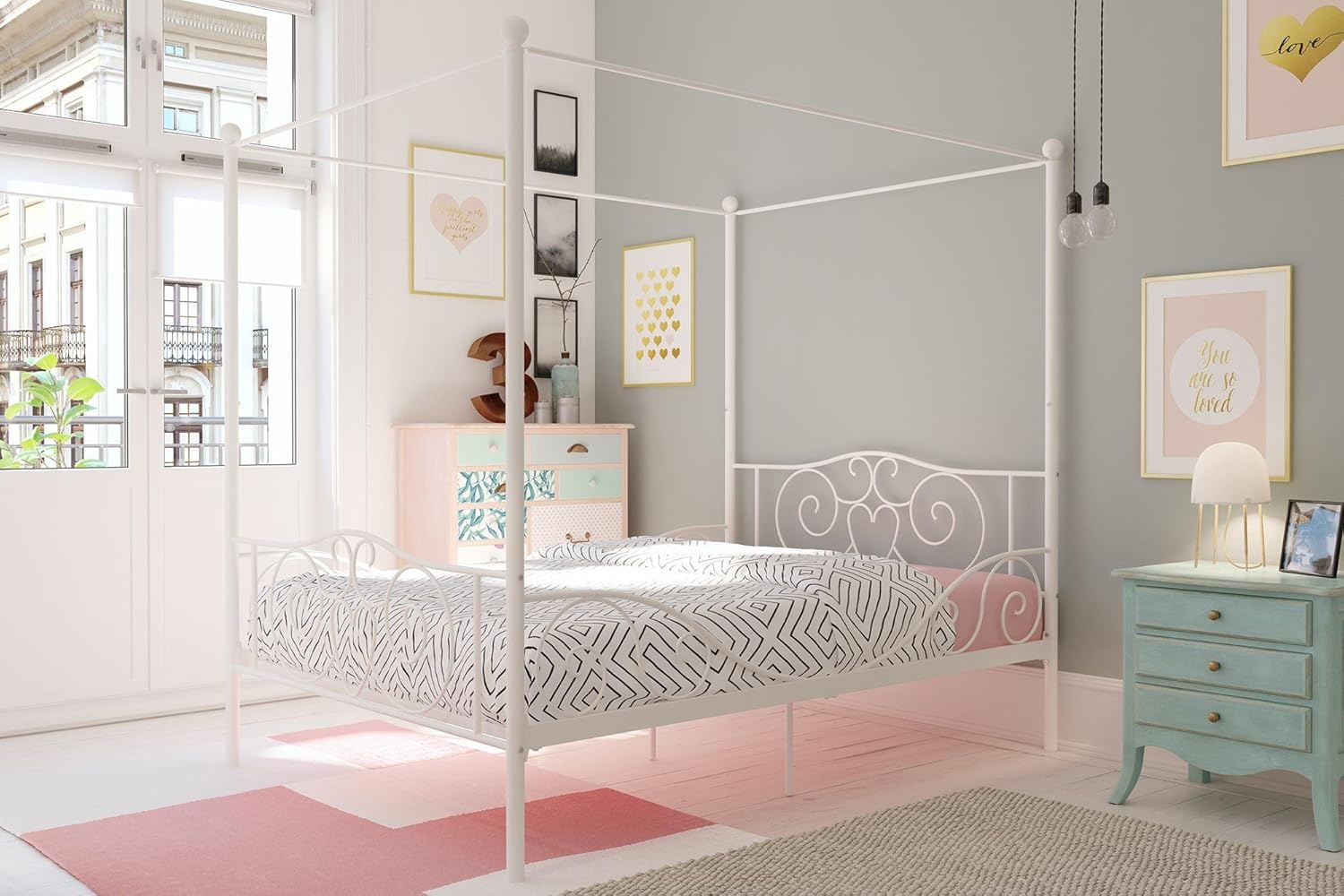 Twin Size Metal Canopy Bed with Bed Frame O9462