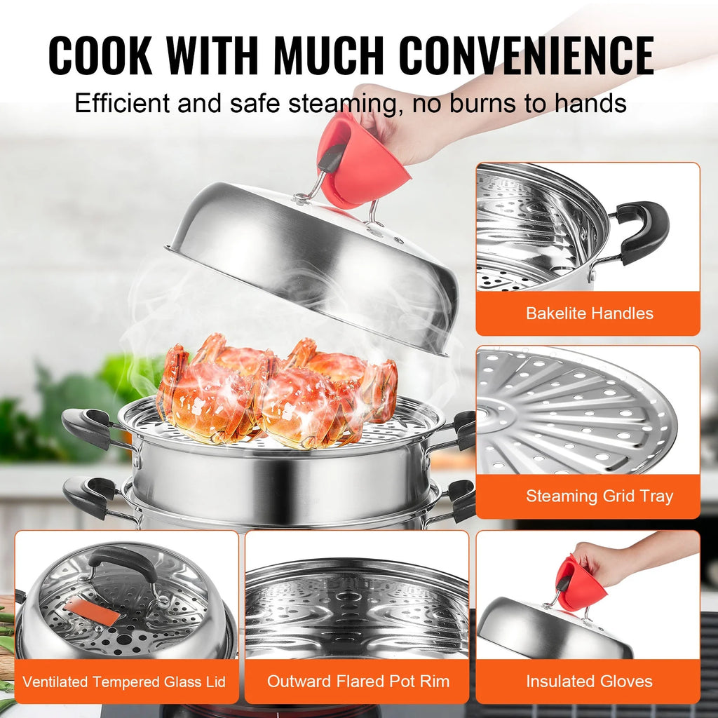 3 Tier 8.5QT 304 Stainless Steel Steamer Pot with 2 Steaming Tray A724586