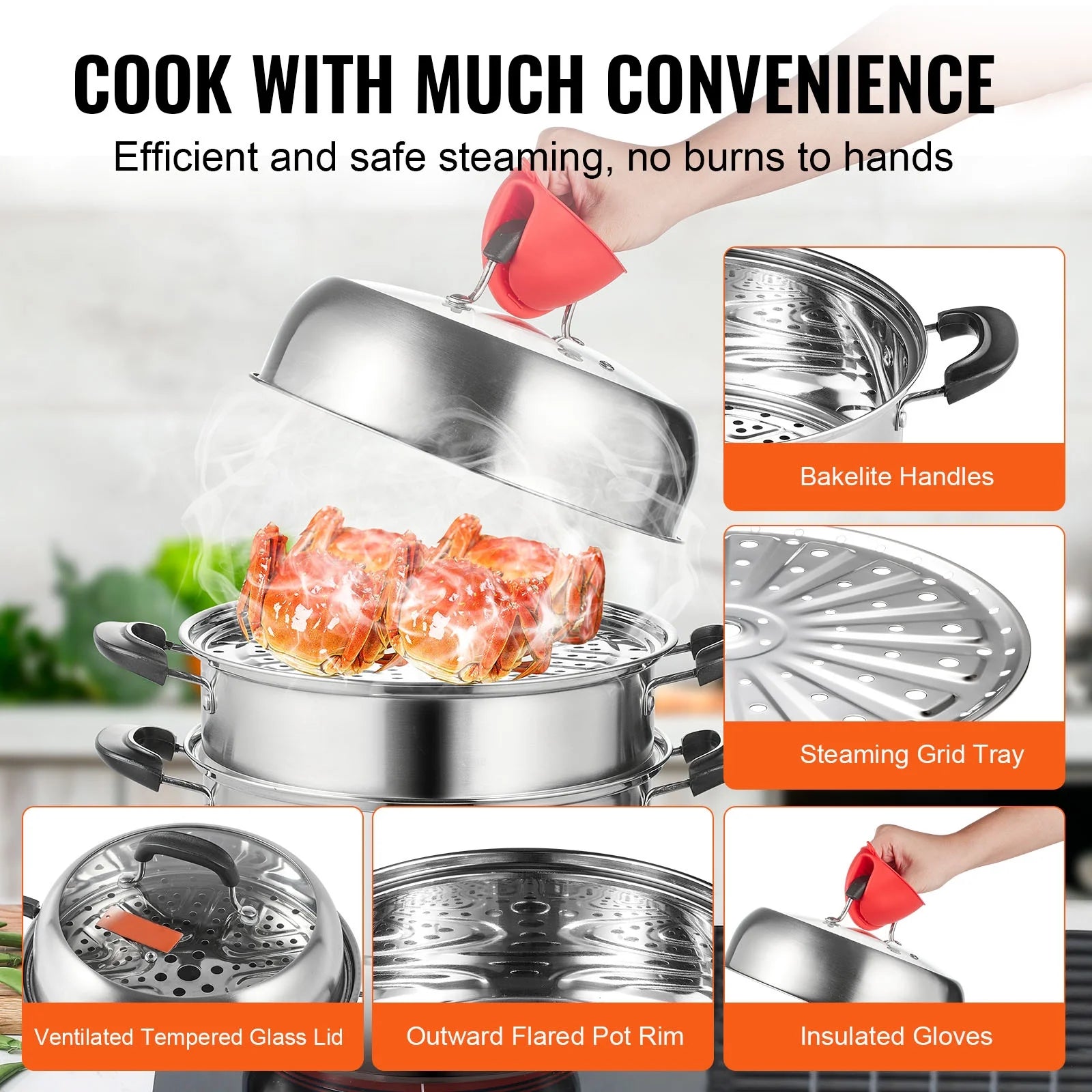 3 Tier 8.5QT 304 Stainless Steel Steamer Pot with 2 Steaming Tray A724586