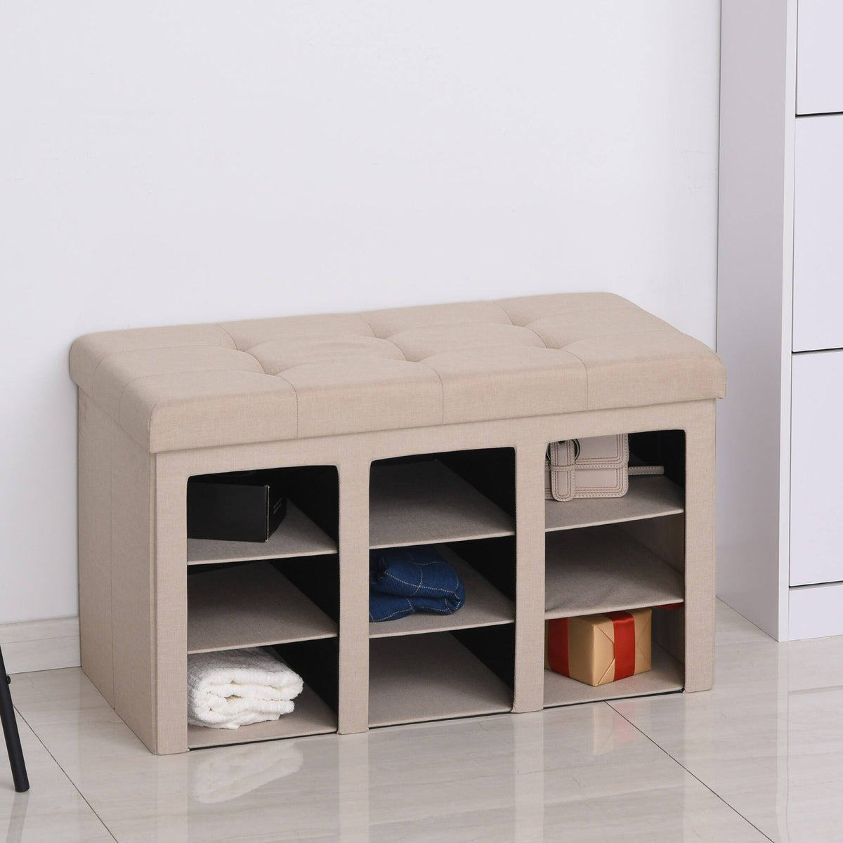 Grey Folding Storage Ottoman Bench with 9 Cubes P983714