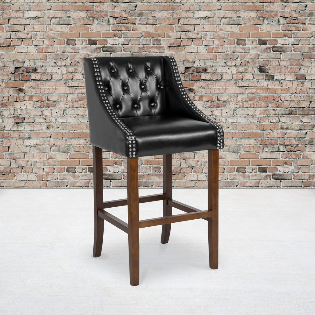 Black Leather Transitional Tufted Walnut Barstool L306