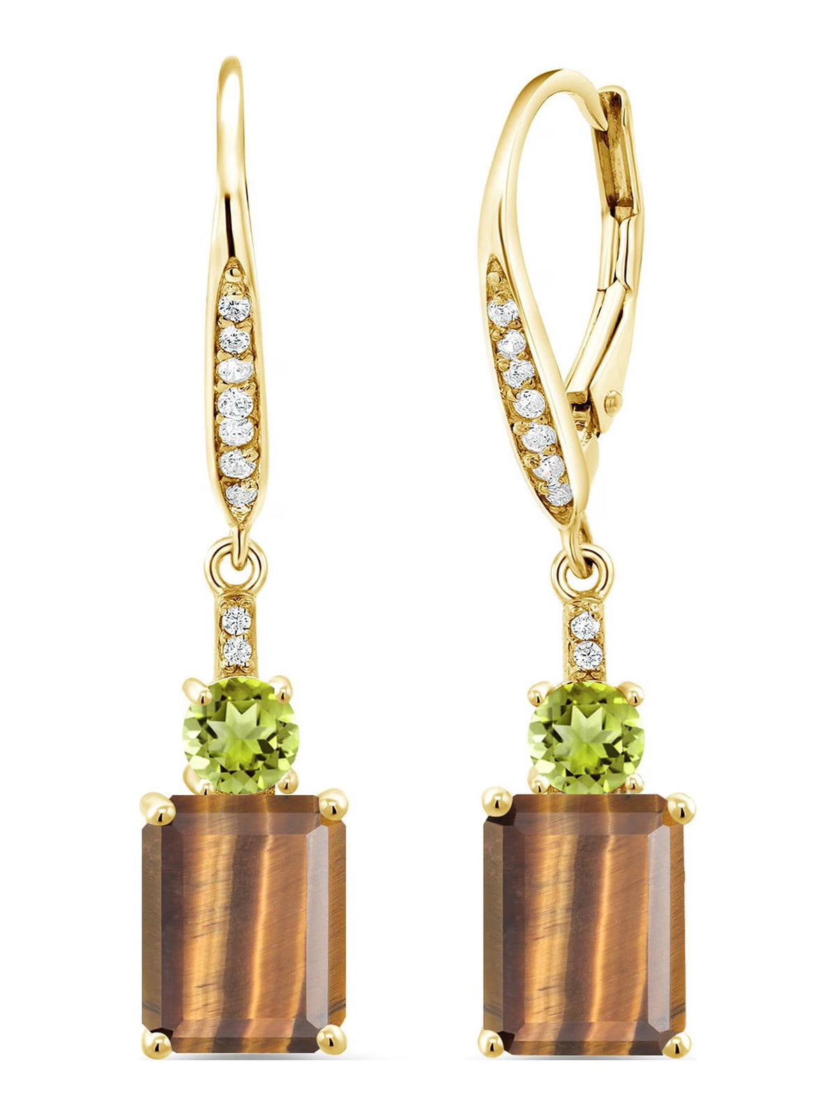 18K Yellow Gold Plated Silver Brown Tiger Eye Green Peridot White Topaz Dangle Earrings D904